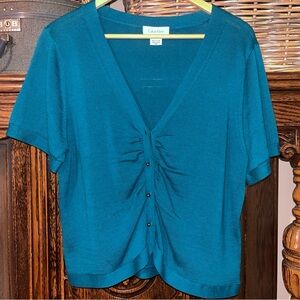 Calvin Klein Teal Short Sleeve V-Neck Ruched Front knit cardigan